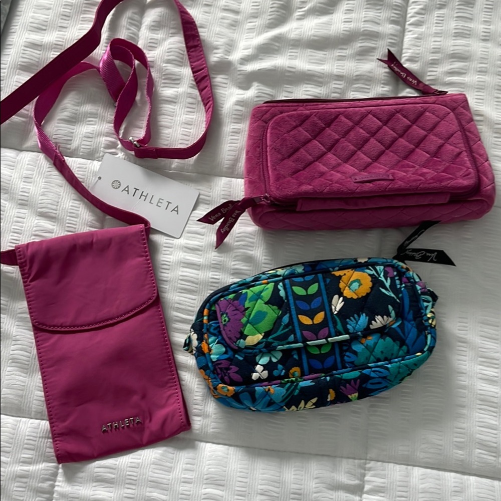 Athleta Pink Quilted Crossbody Bag nwt and 2 used Vera bags, 3 for 1